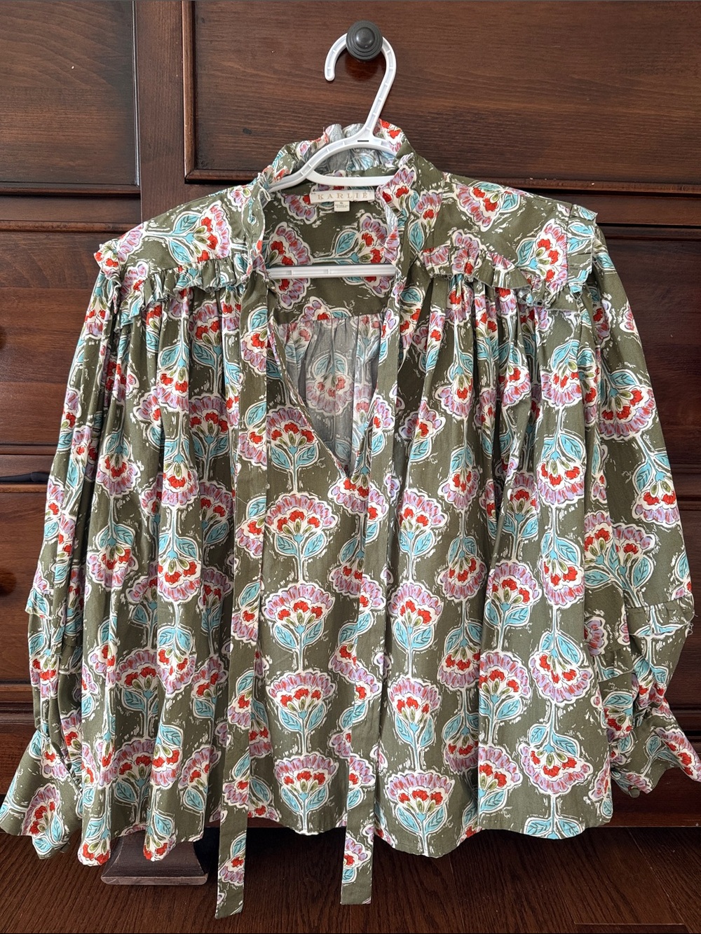 Karlie Olive Floral Tie-Neck Blouse